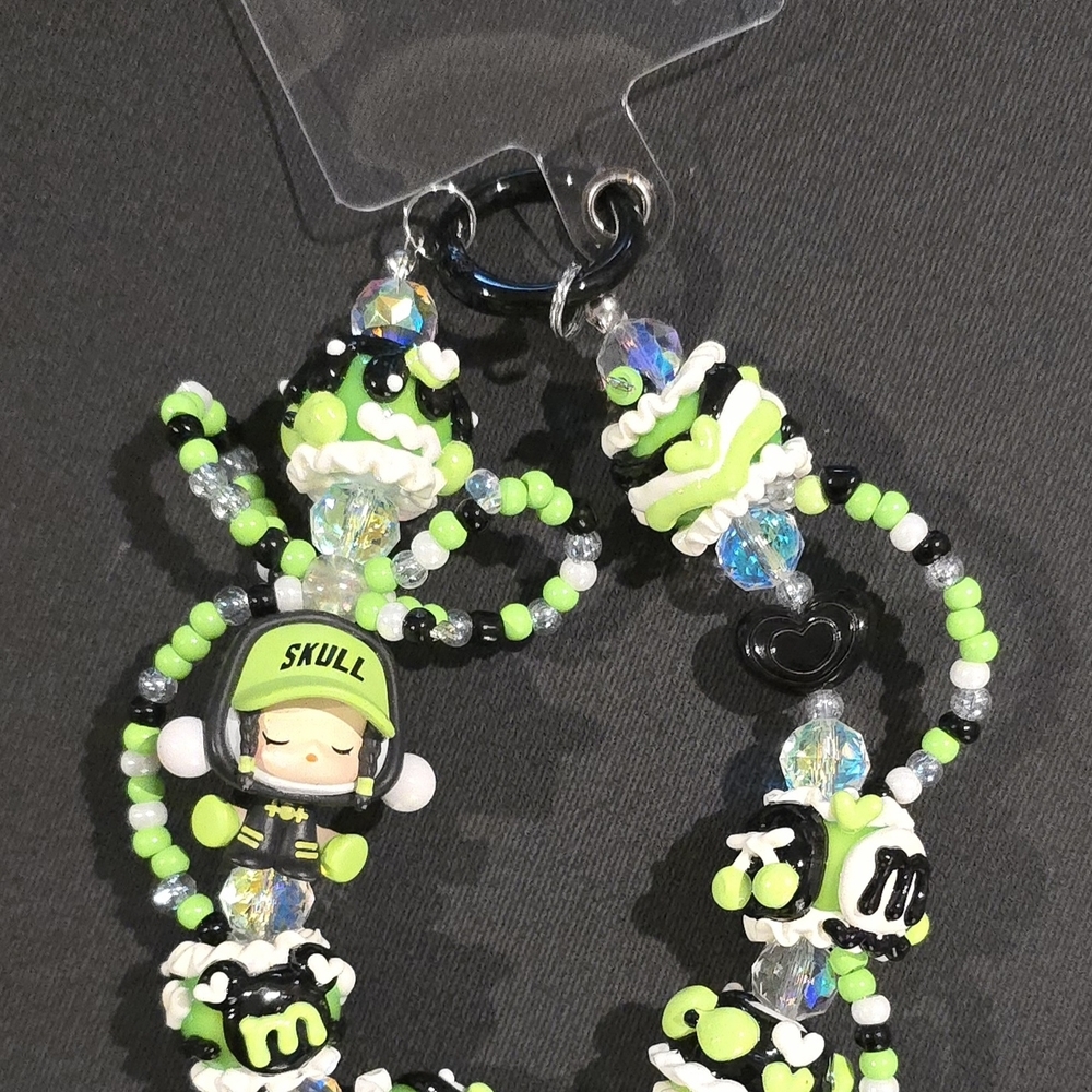 Skull Beaded Phone Charm - Green and Black